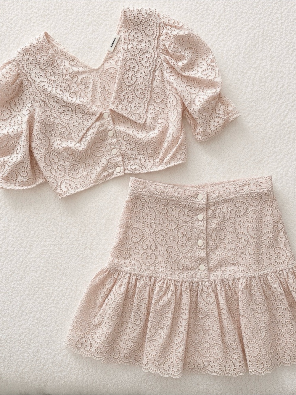 Sandro Cream Blush Eyelet Cropped Top & Mini Skirt Set Scalloped Small - Picture 15 of 15